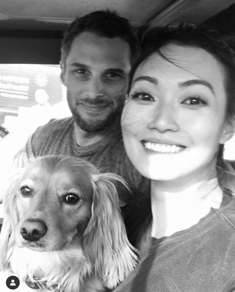 Catherine Haena Kim with her expected boyfriend and pet dog.